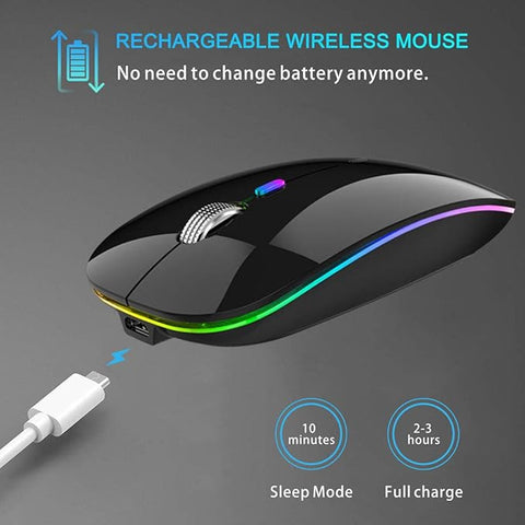 Rechargeable wireless mouse with charging cable on a dark background