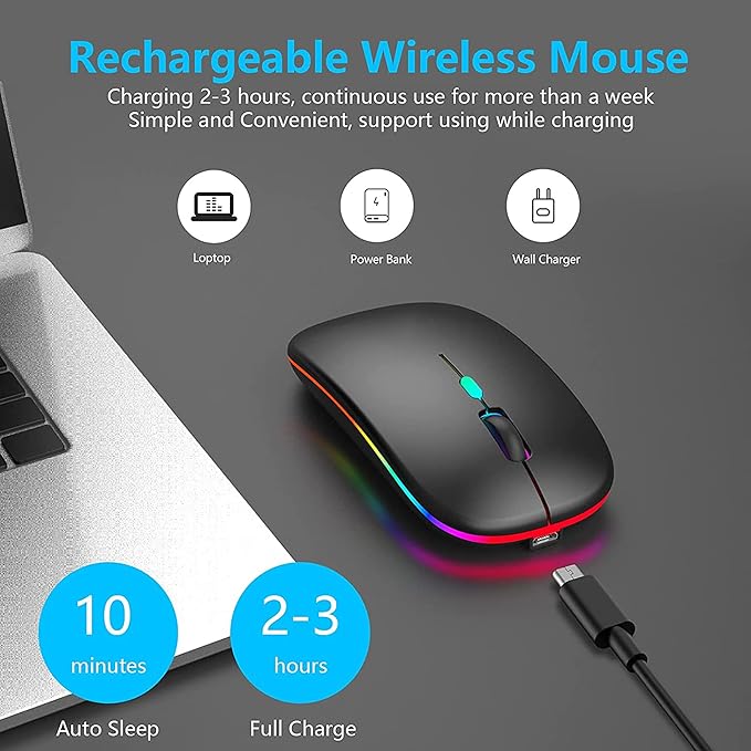 Rechargeable wireless mouse with charging time and compatibility information on a gray background