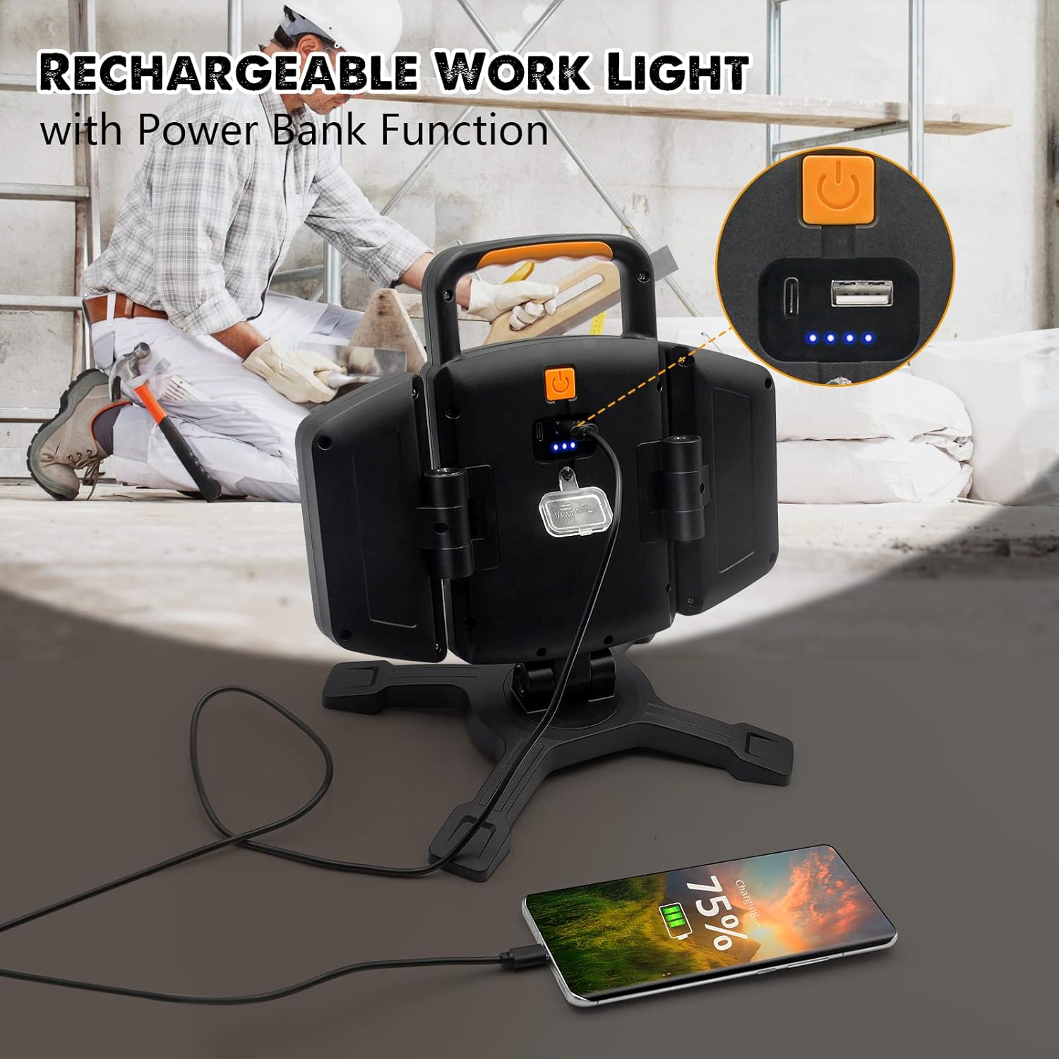 Rechargeable work light with power bank function on a table, with a person in the background.