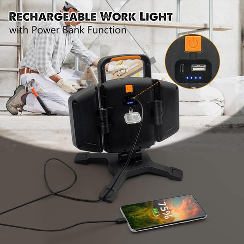 Rechargeable work light with power bank function on a table, with a person in the background.
