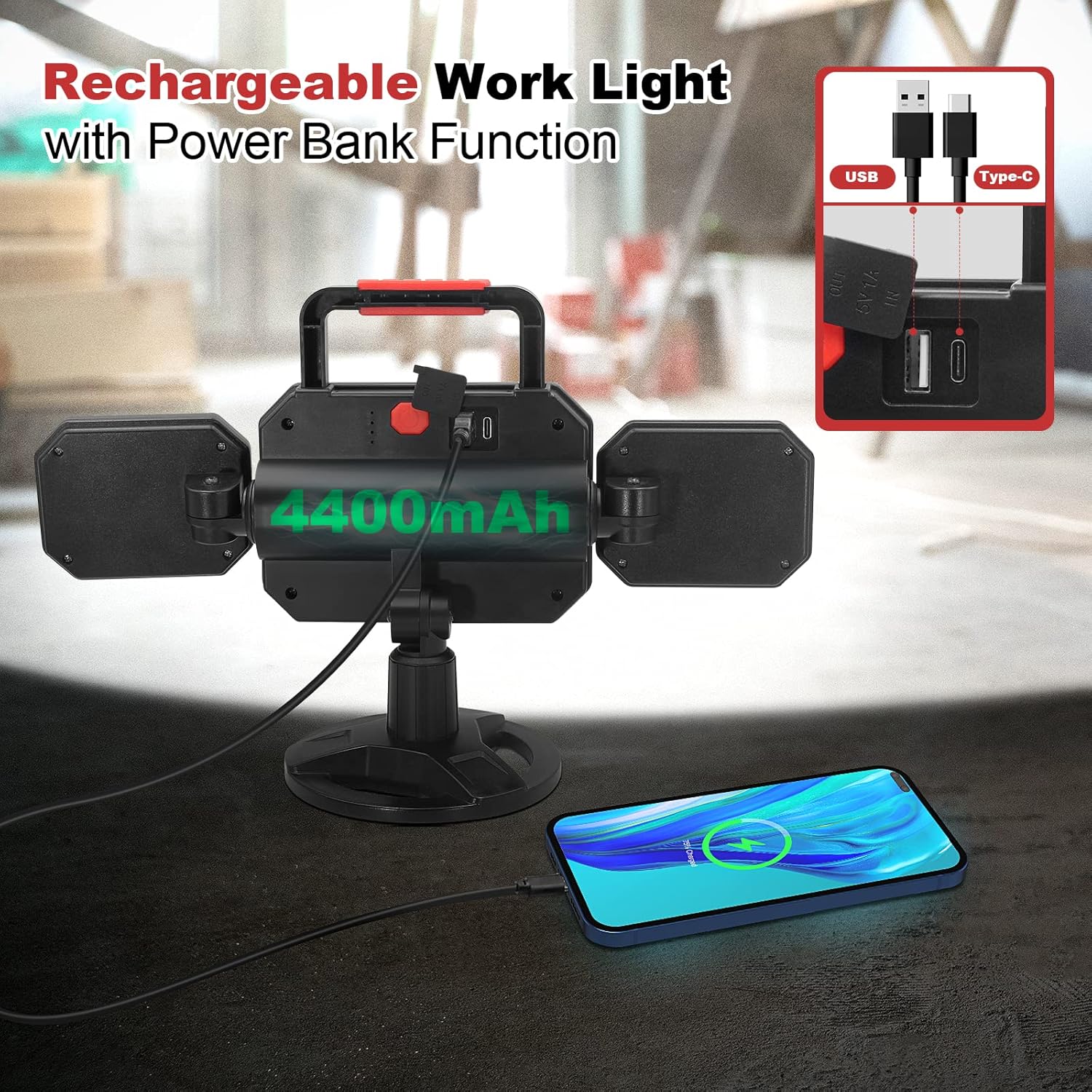 Rechargeable work light with power bank function on a table with a smartphone.