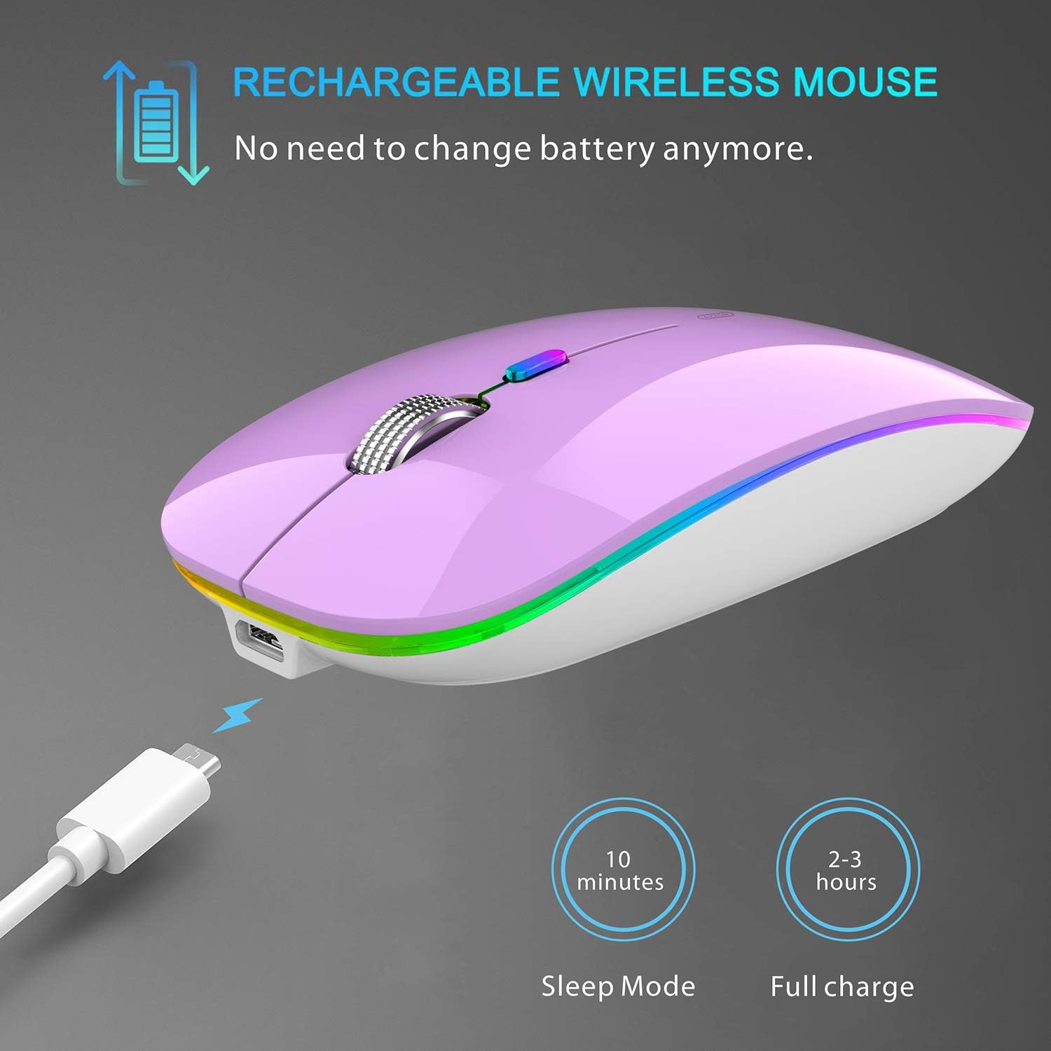Rechargeable wireless mouse with charging cable on a gray background