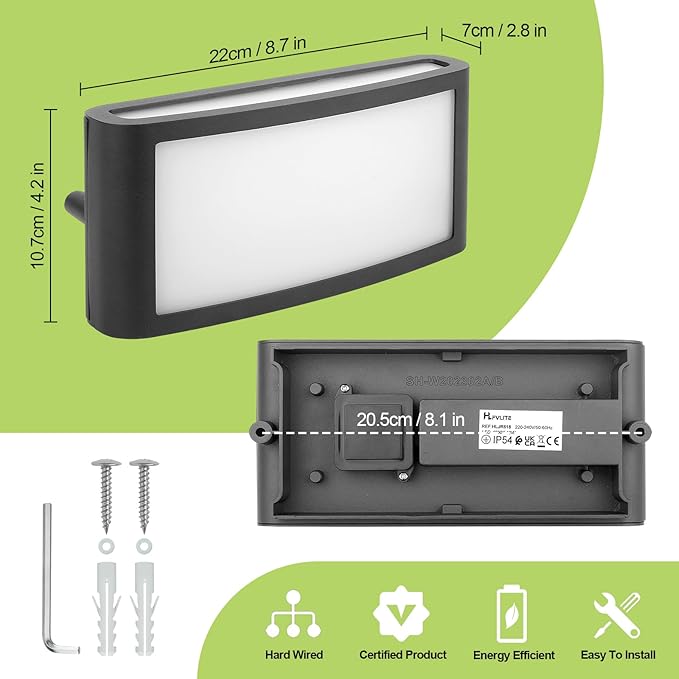 Rectangular outdoor light fixture with dimensions, installation tools, and certification icons on a green background.