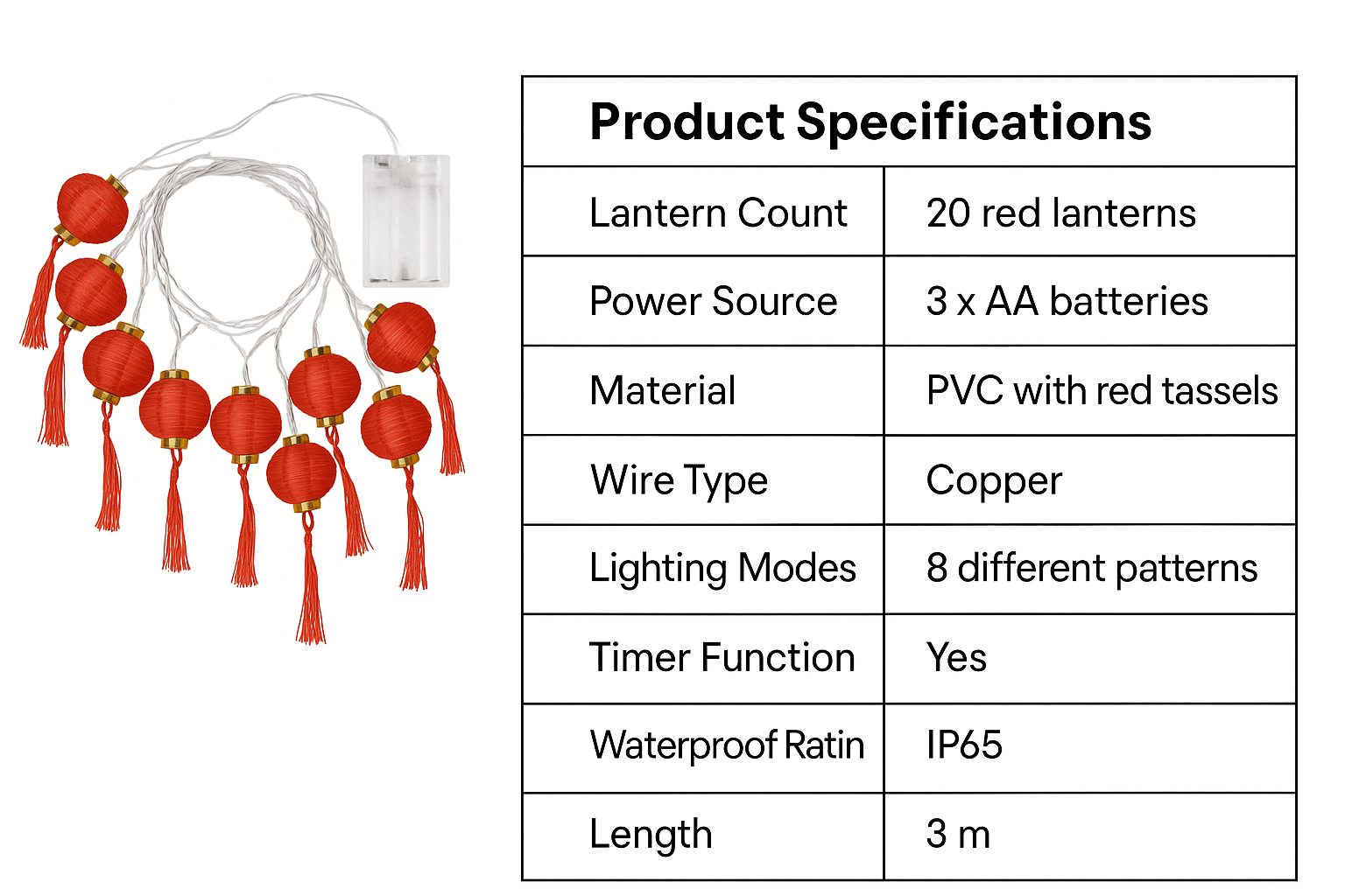 Red lantern string light with product specifications on a white background
