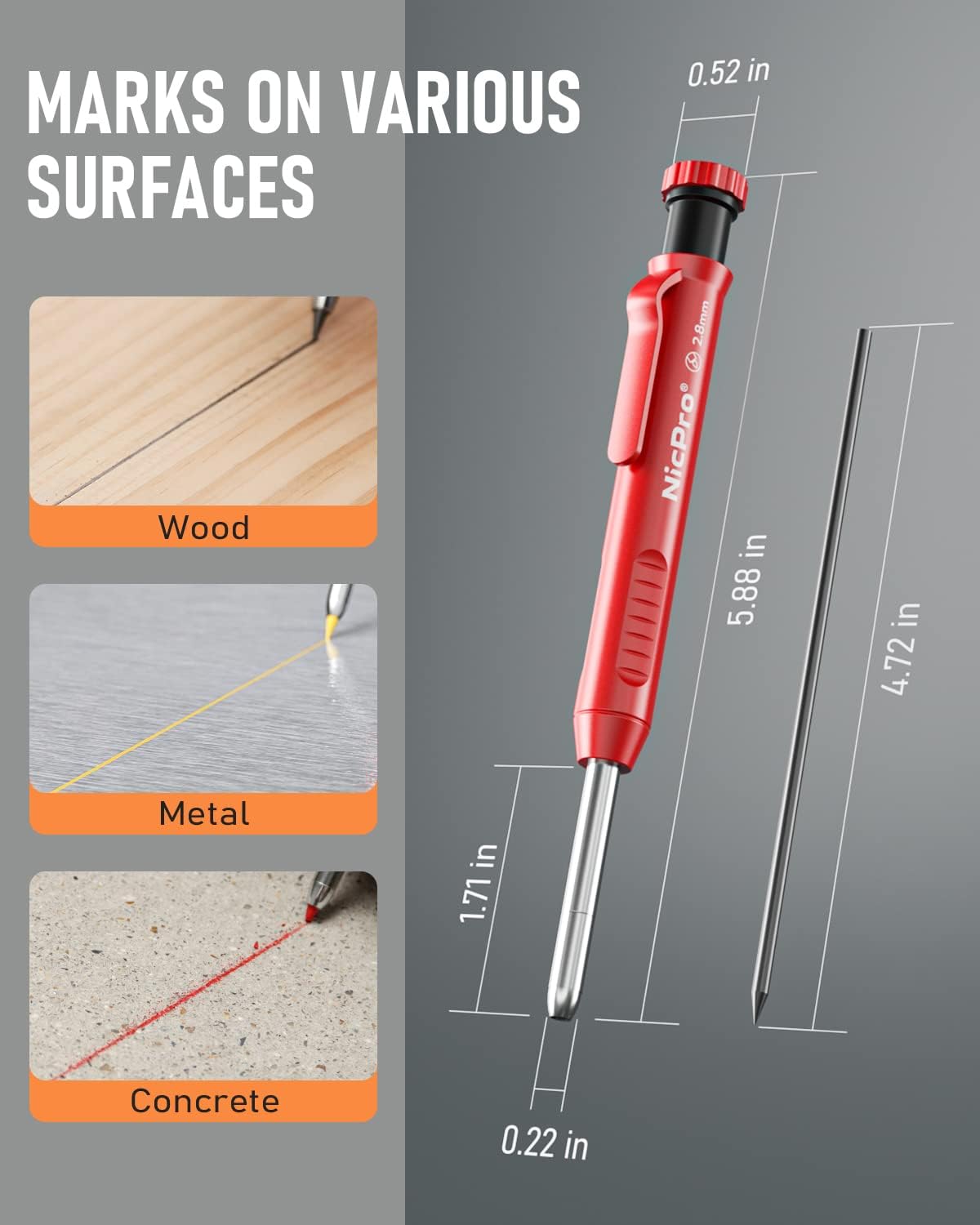 Red measuring tool with markings on wood, metal, and concrete surfaces, and measurements displayed.