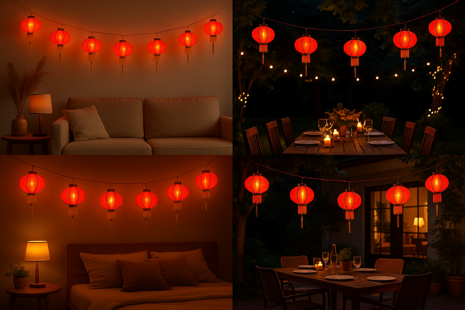 Red paper lanterns hanging in various indoor settings including a living room, dining area, and bedroom.