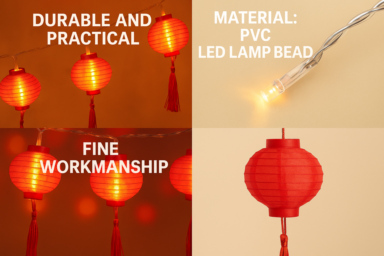 Red paper lanterns with tassels on a string, showing durability and practicality, with text highlighting material and workmanship.