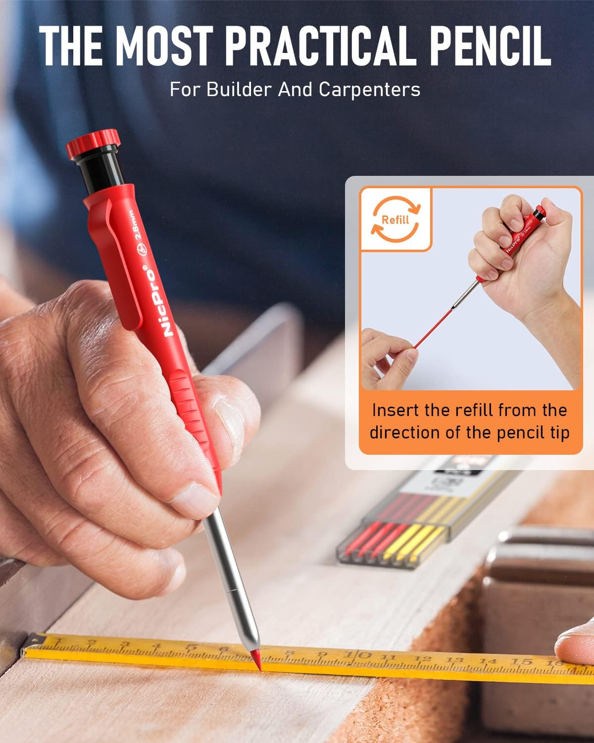 Red pencil with refill mechanism for builders and carpenters, shown in use.