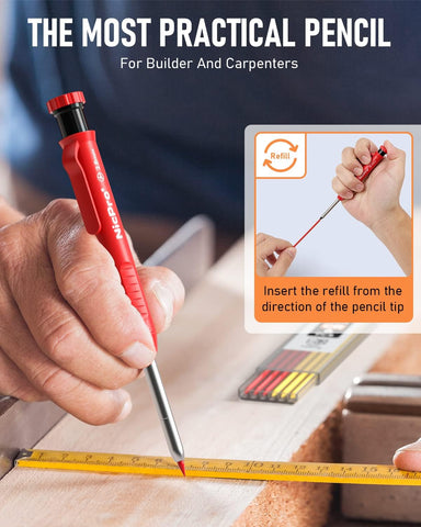 Red pencil with refill mechanism for builders and carpenters, shown in use.