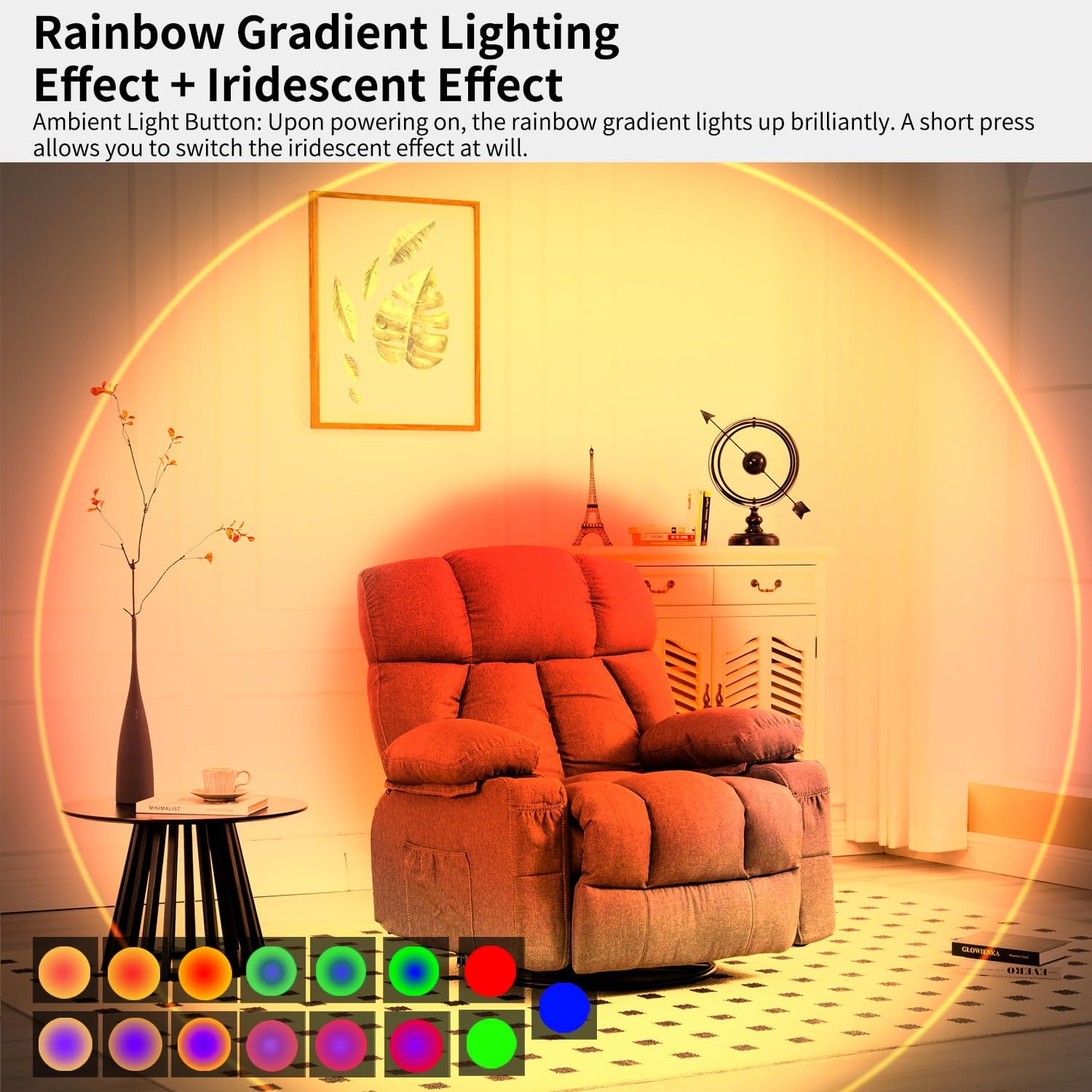 Red recliner chair in a room with rainbow gradient lighting effect and iridescent effect displayed.