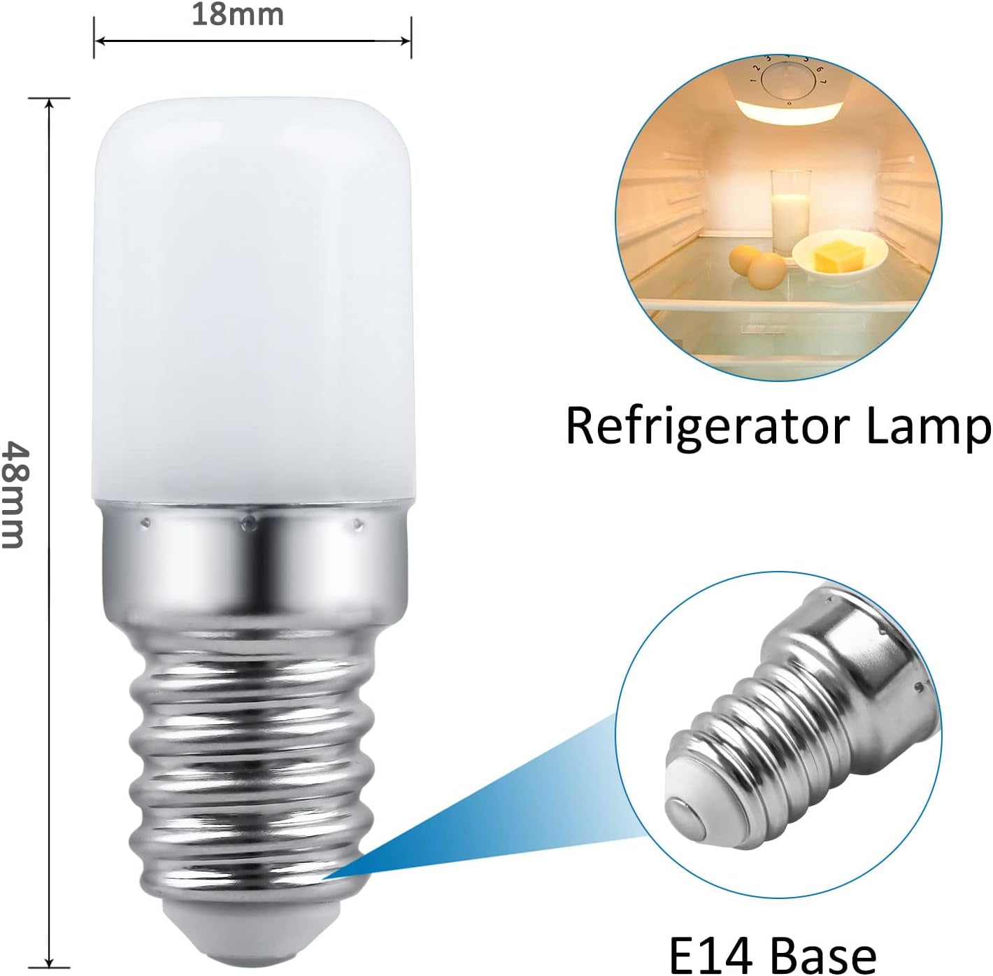 Refrigerator lamp with dimensions and E14 base illustration