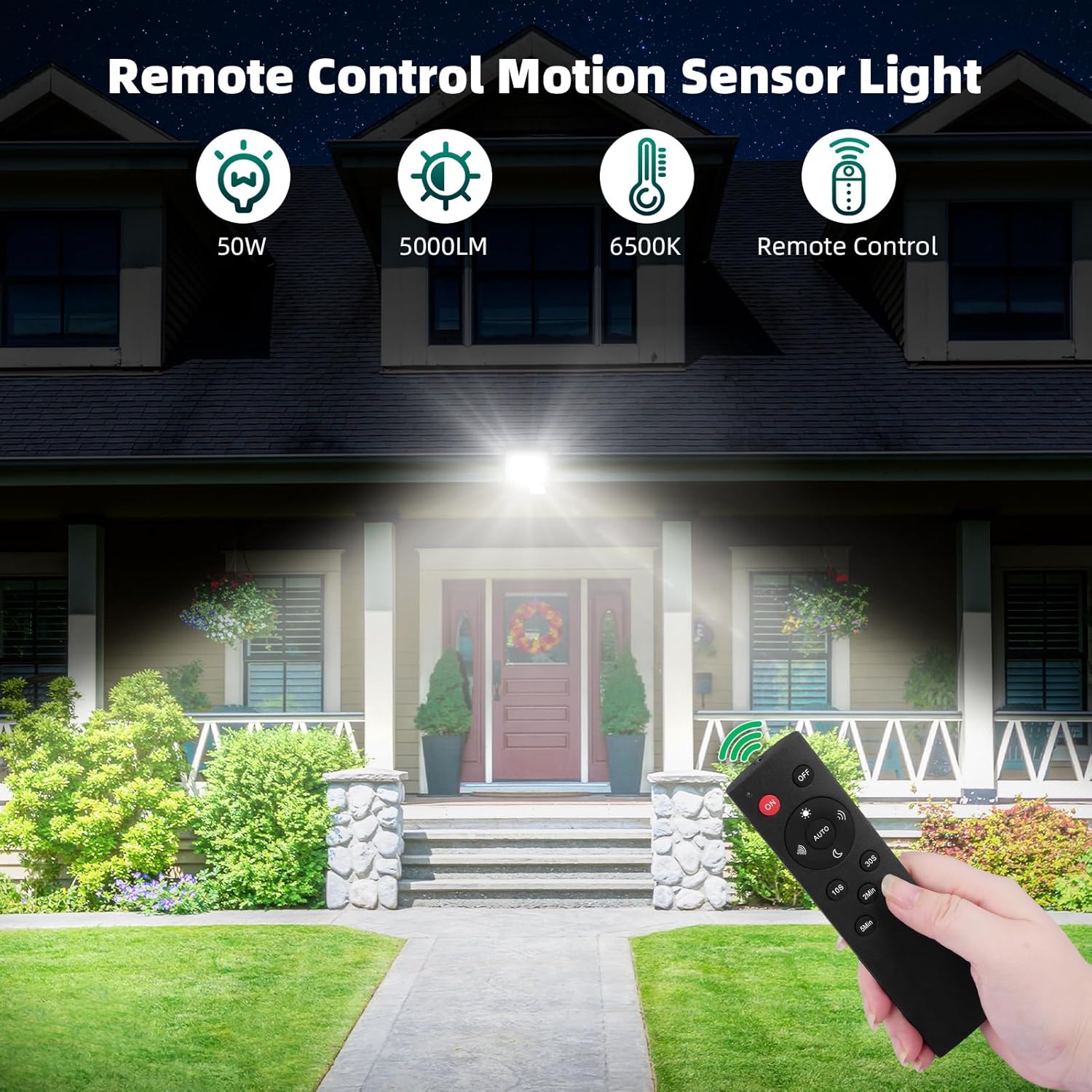 Remote control motion sensor light being used on a house exterior with a hand holding a remote.