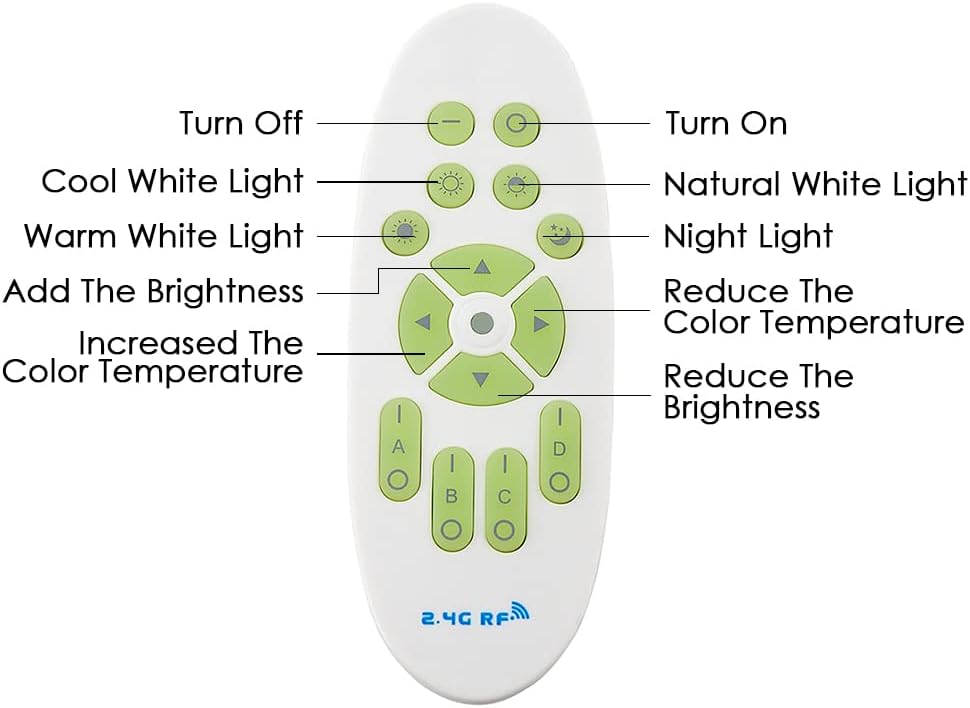 Remote control with labeled buttons for adjusting light settings on a white background