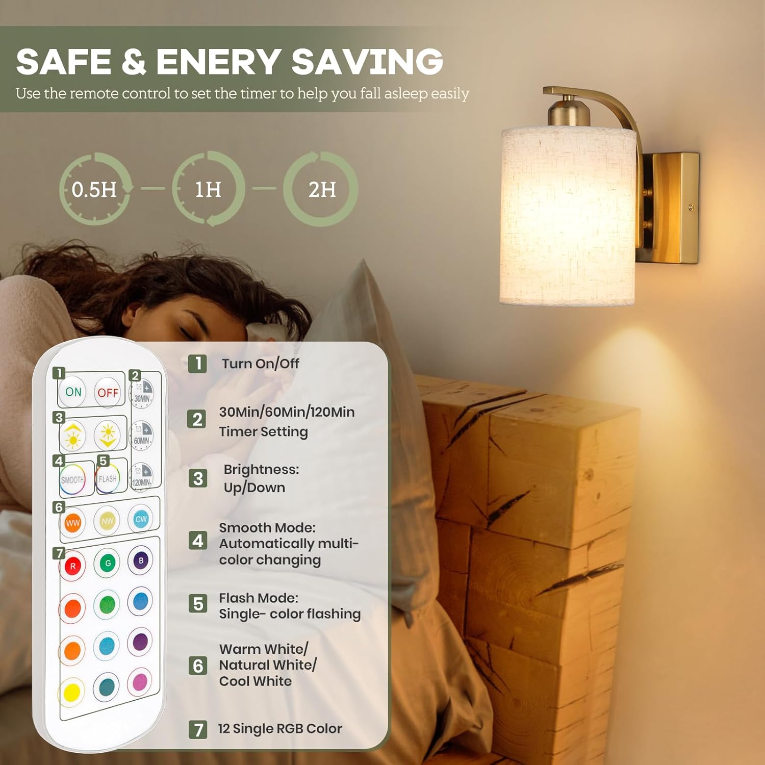 Remote control with timer and color settings displayed in a bedroom setting.