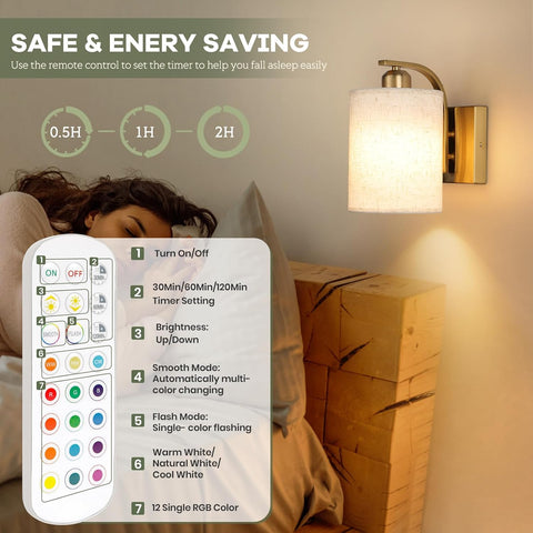 Remote control with timer and color settings displayed in a bedroom setting.