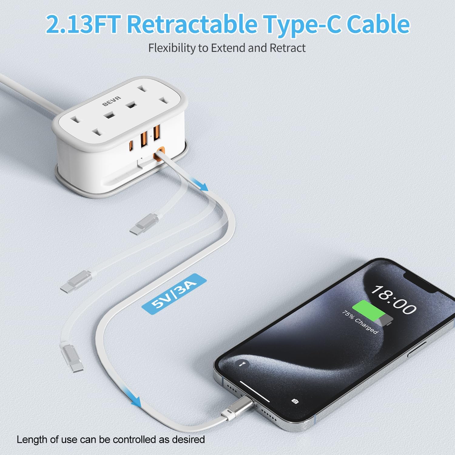 Retractable Type-C cable with power adapter and smartphone on a light gray background