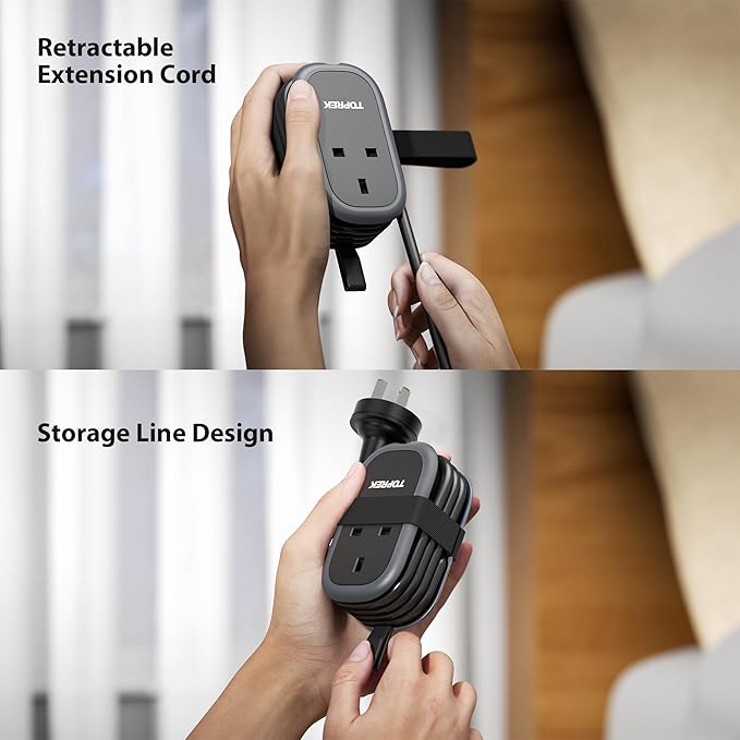 Retractable extension cord with storage line design held by a hand.