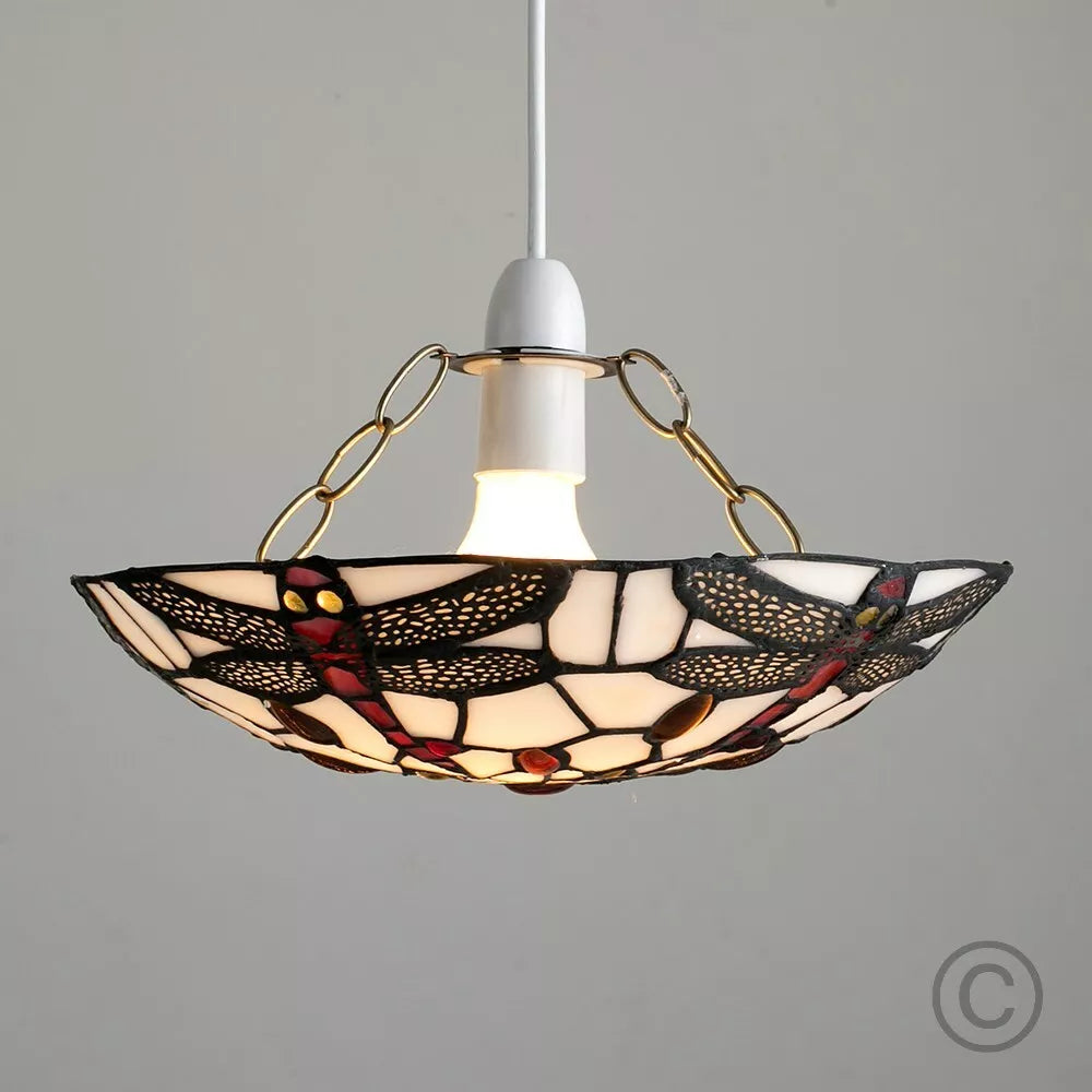 Tiffany-style lamp shade on neutral ceiling

