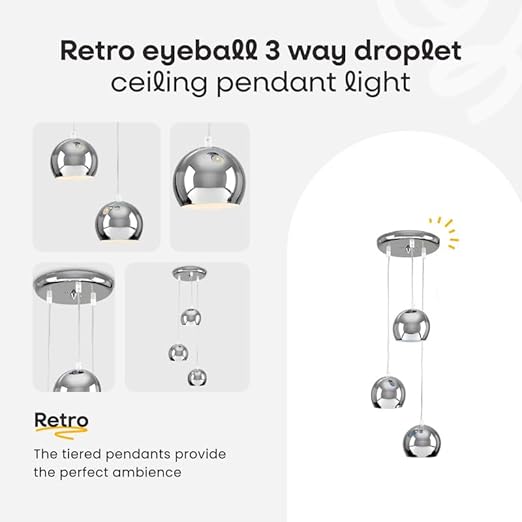 Retro eyeball 3 way droplet ceiling pendant light with tiered pendants on a white background.