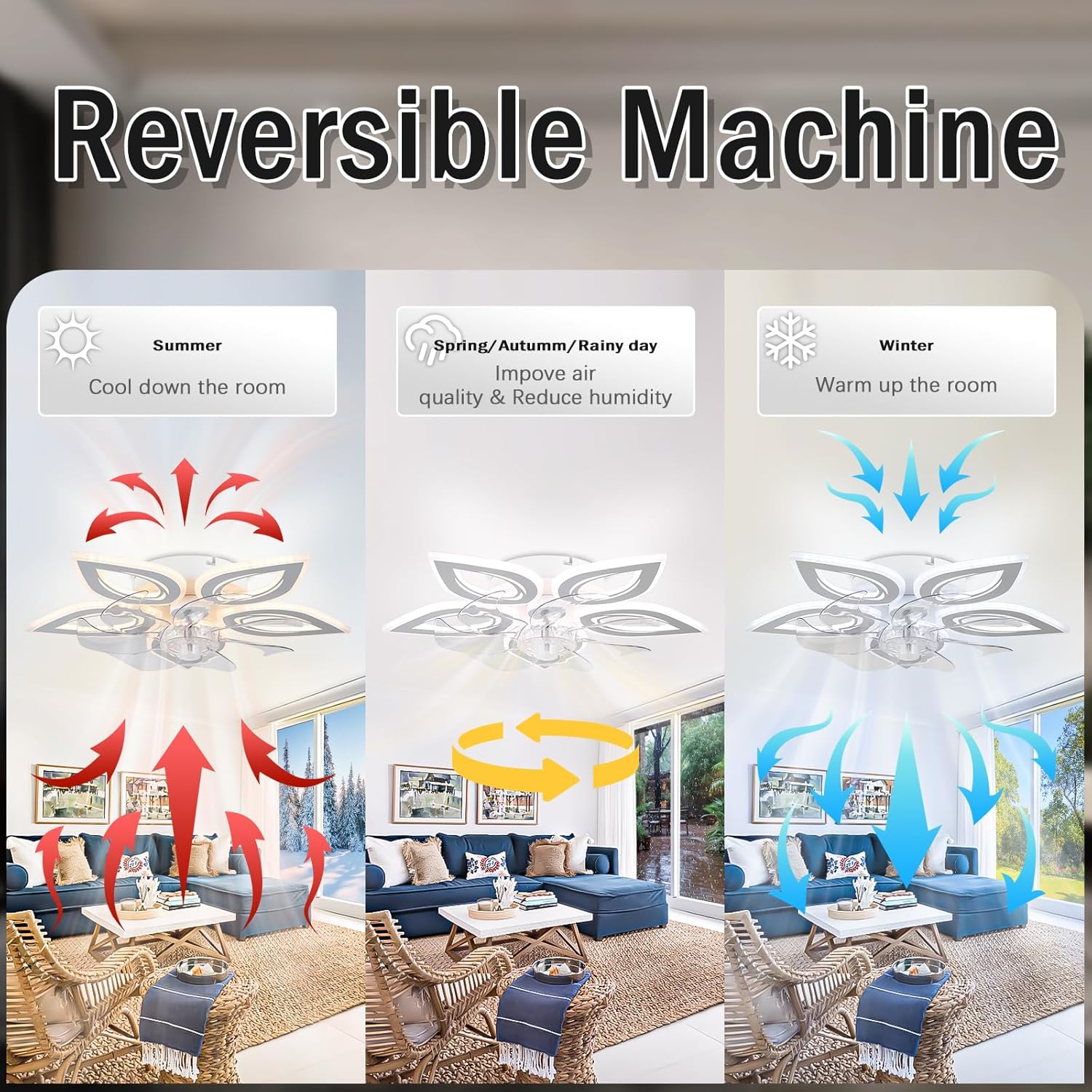 Reversible machine for different seasons in a living room setting