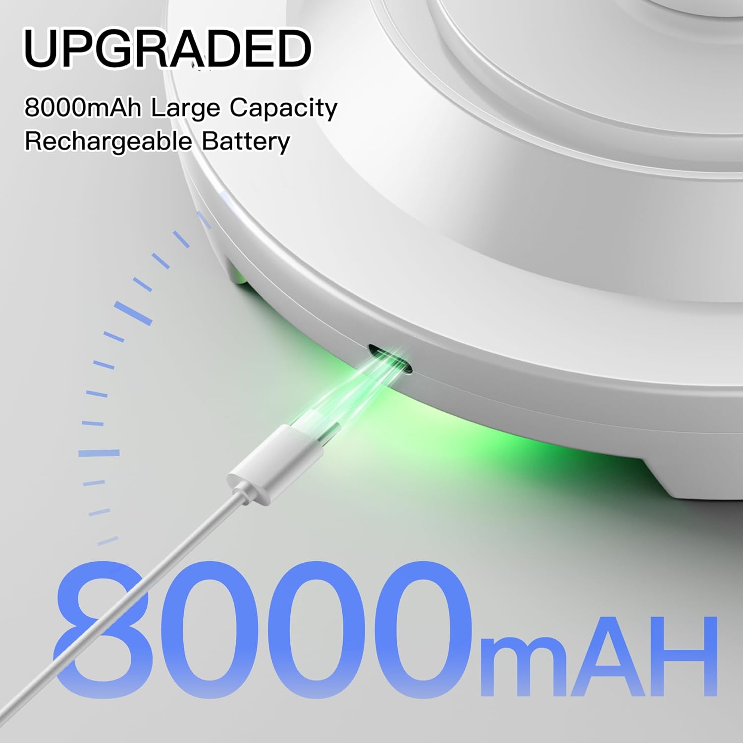 Robotic vacuum cleaner with charging cable and '8000mAh' label on a light gray background