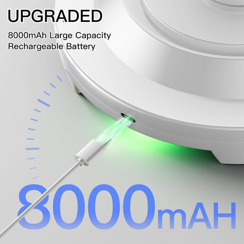 Robotic vacuum cleaner with charging cable and '8000mAh' label on a light gray background