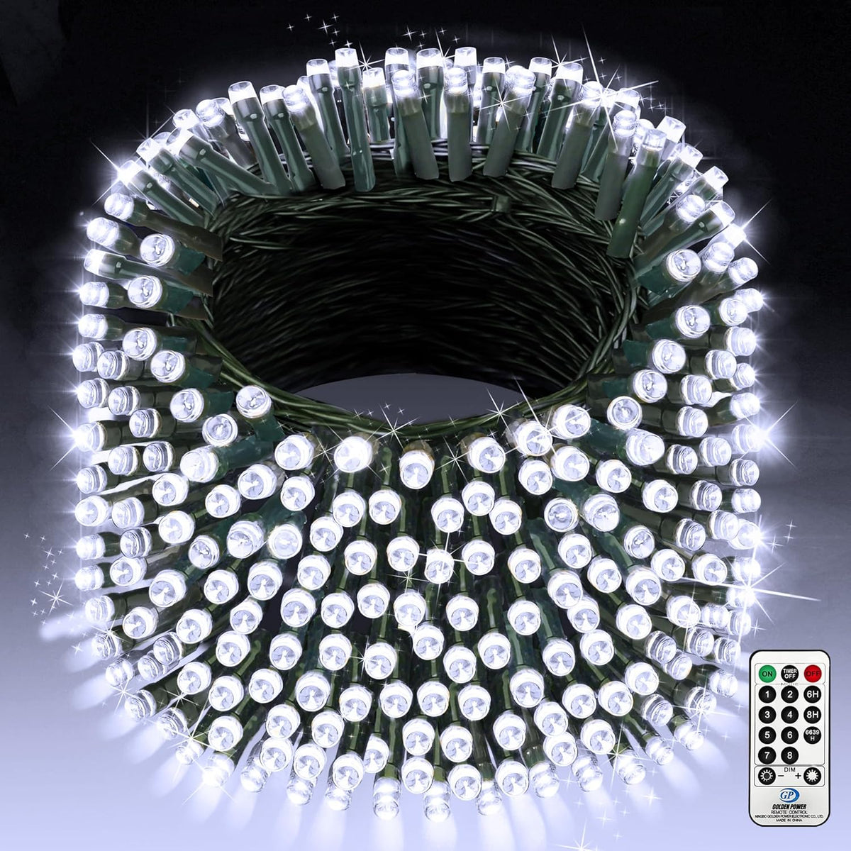 Roll of LED string lights with remote control on a dark background