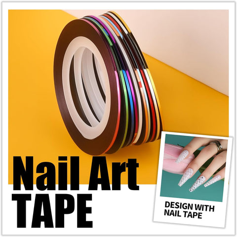 Roll of nail art tape with a close-up of nails decorated with tape on a yellow background.