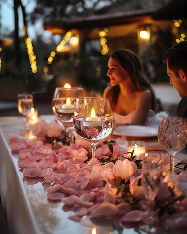 Romantic dinner setting with candles and rose petals on a table, two people seated.