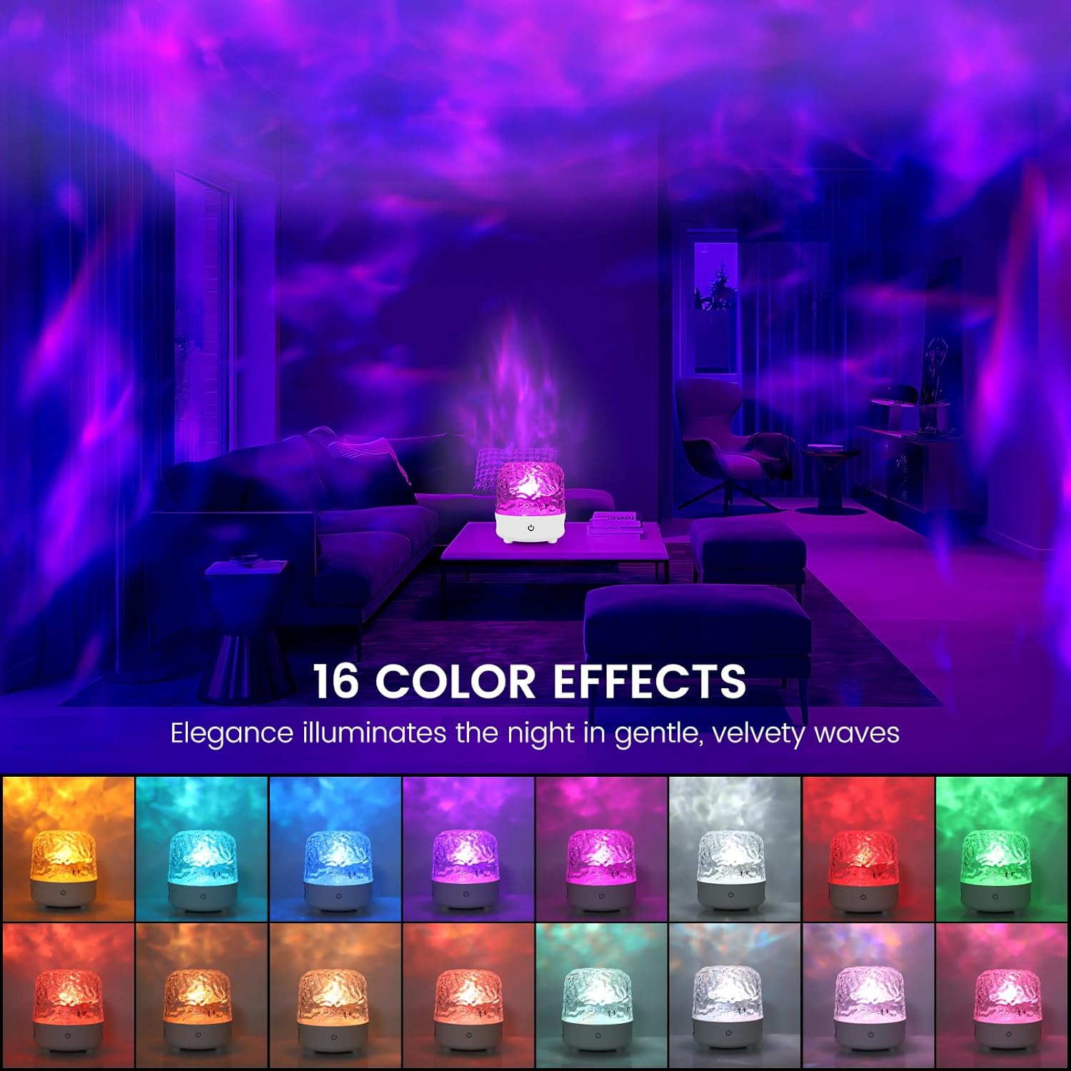 Room with a colorful light projector displaying 16 color effects.