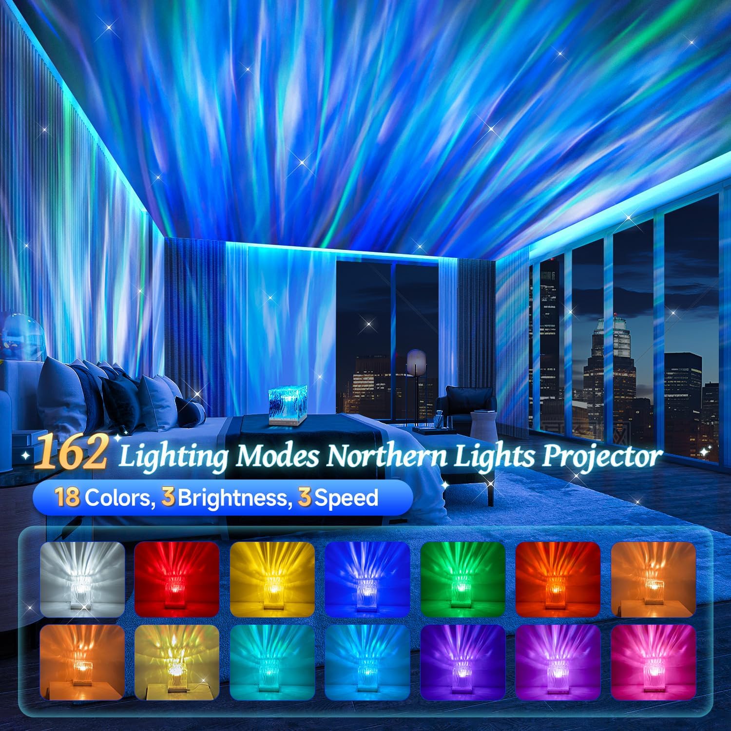 Room with colorful light projector displaying Northern Lights effect, with control panel and color options shown.