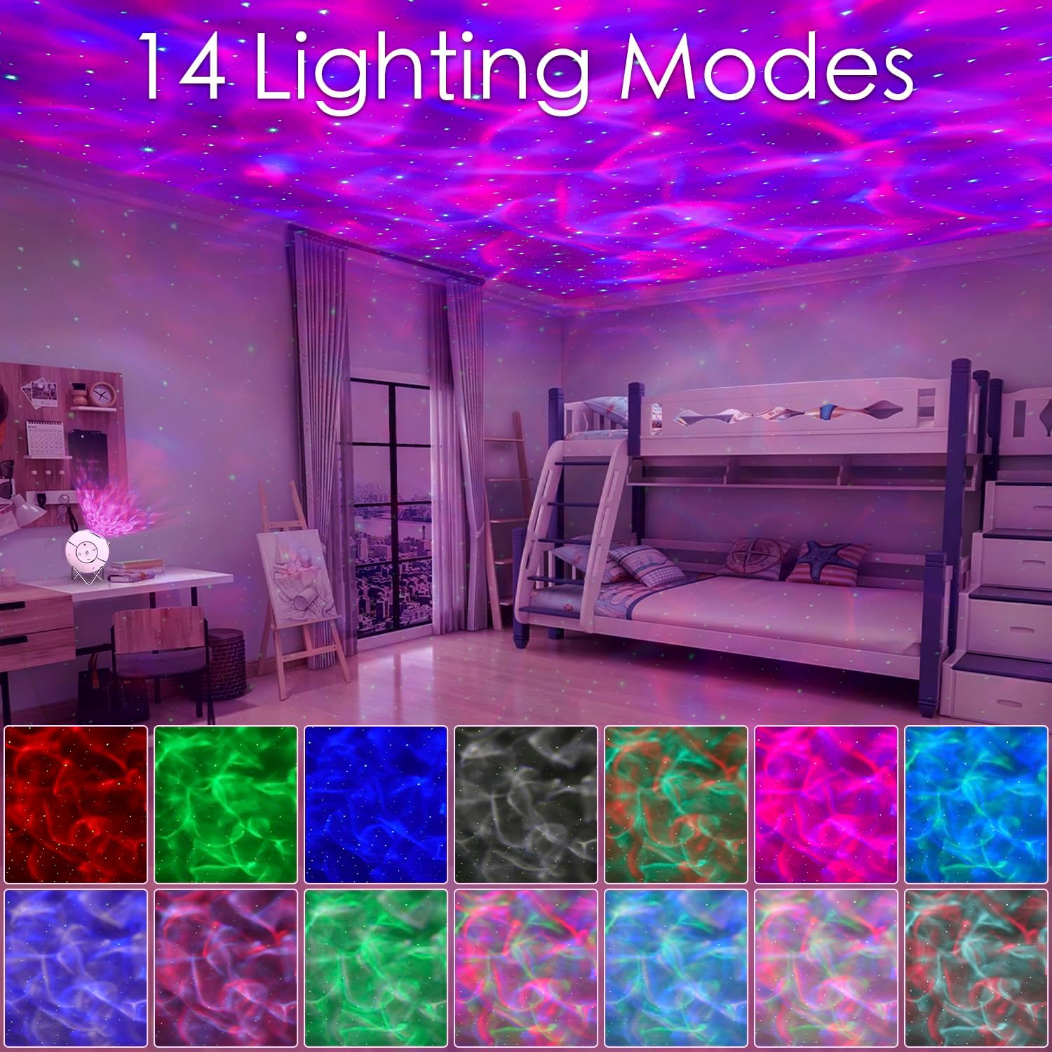 Room with colorful lighting modes projected onto the ceiling, featuring a bunk bed and desk.