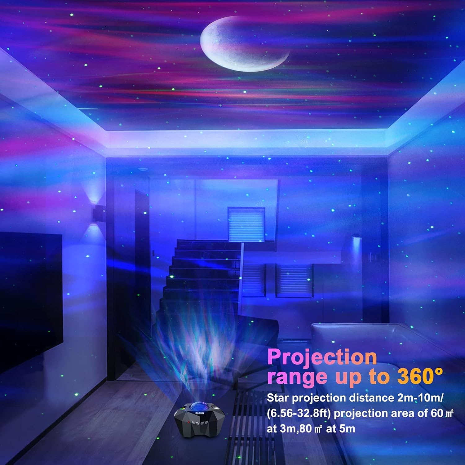 Room with starry night sky projection, colorful lights, and text about projection range.