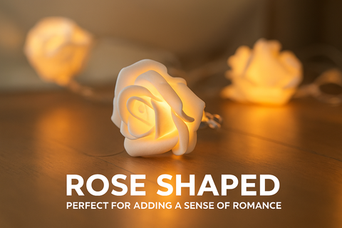 Rose-shaped light on a wooden surface with text about adding romance.