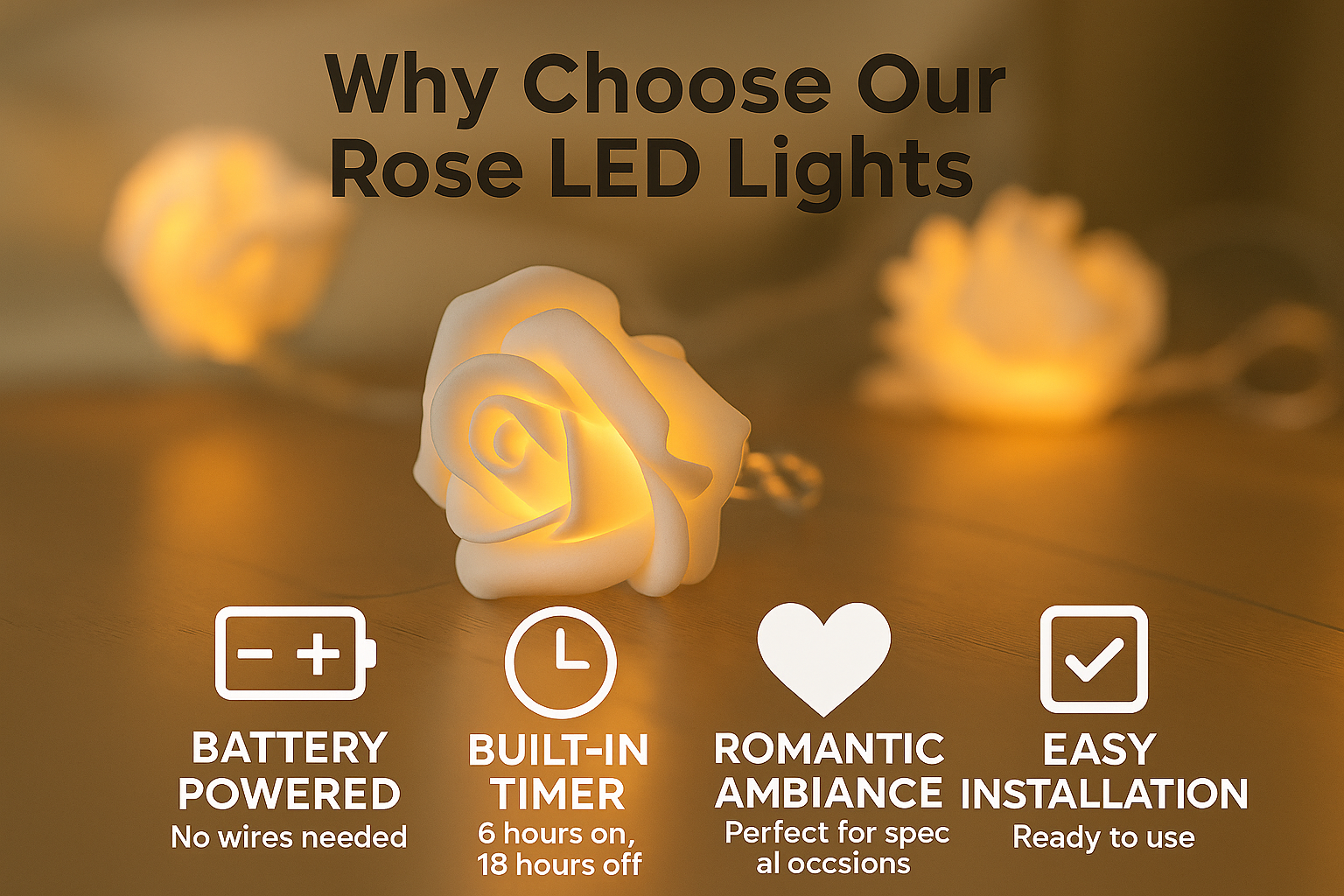 Rose LED lights with features listed on a blurred background