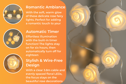 Rose fairy lights with text on a warm gradient background