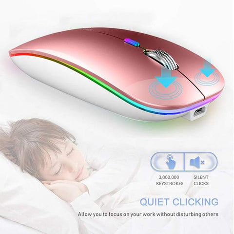 Rose gold computer mouse with RGB lighting on a white background, featuring text about its features.