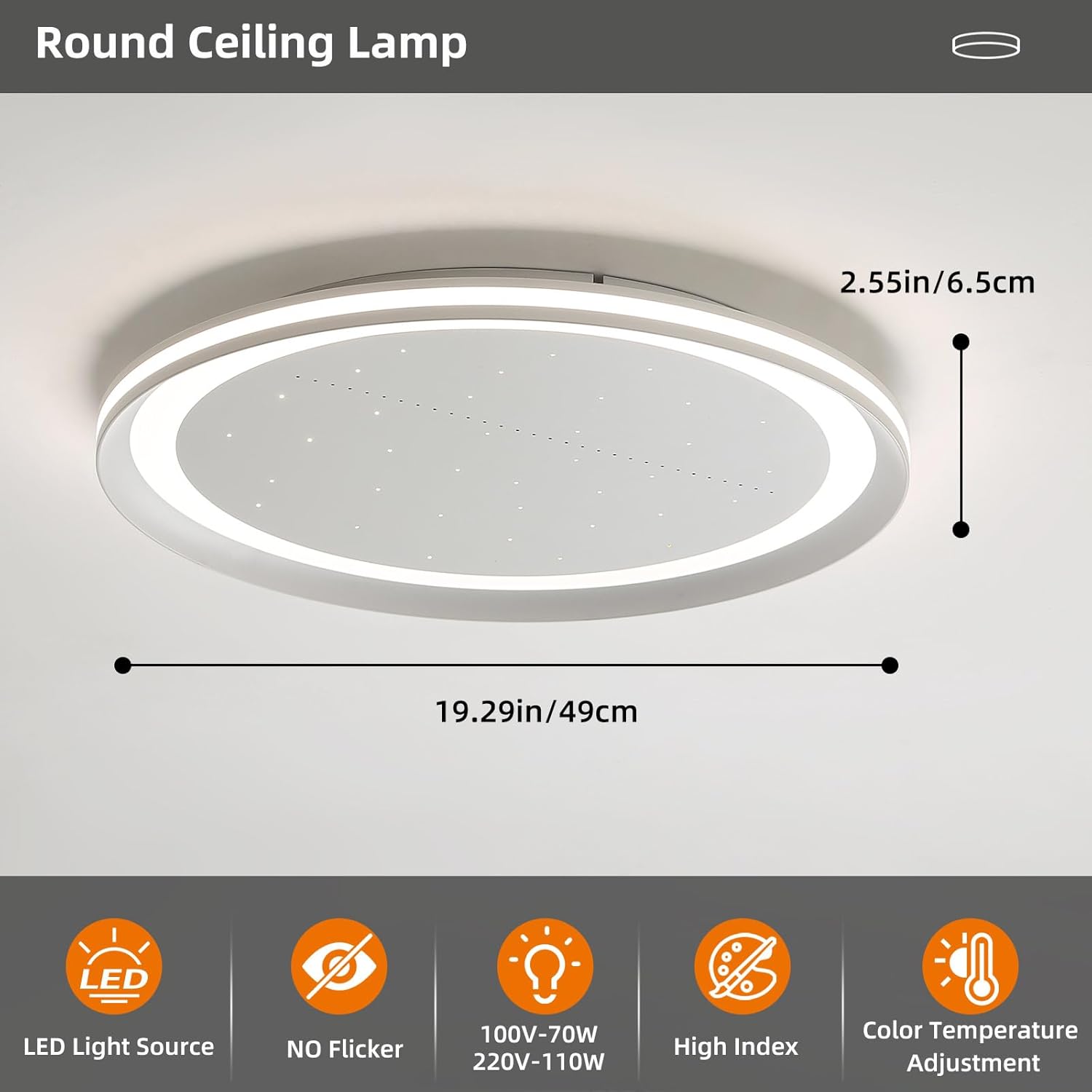 Round ceiling lamp with dimensions and features on a gray background