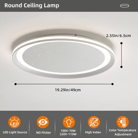 Round ceiling lamp with dimensions and features on a gray background