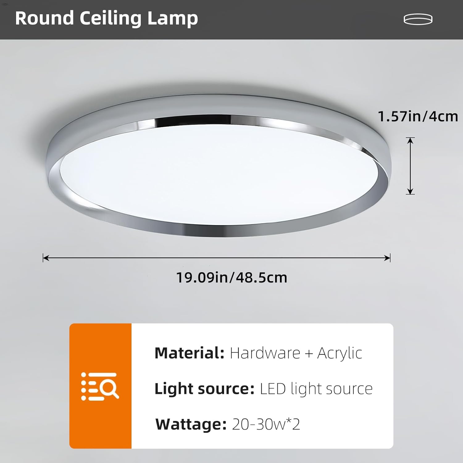 Round ceiling lamp with dimensions and material details on a gray background