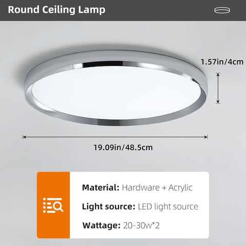 Round ceiling lamp with dimensions and material details on a gray background