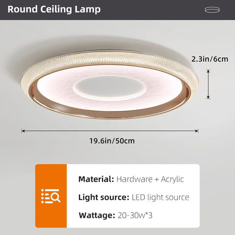 Round ceiling lamp with dimensions and material details on a gray background