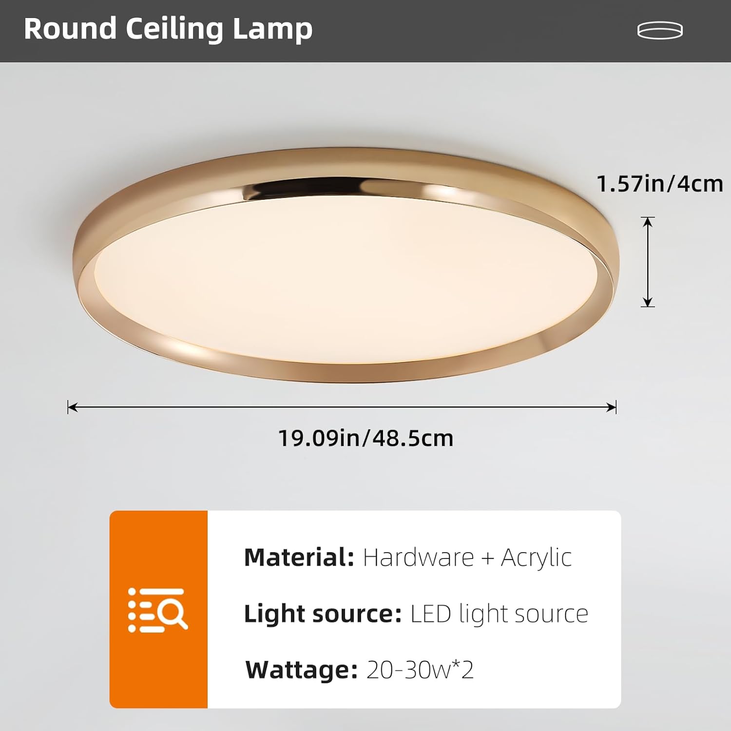Round ceiling lamp with dimensions and material details on a gray background