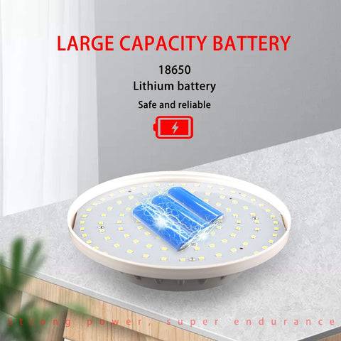 Round device with blue component on a gray surface, featuring text about a large capacity battery.