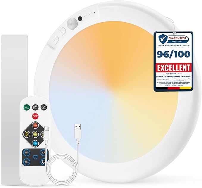 Round light fixture with remote control and warranty label on a white background