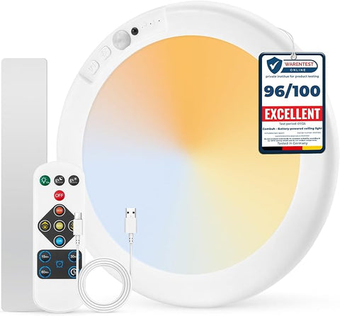 Round light fixture with remote control and warranty label on a white background