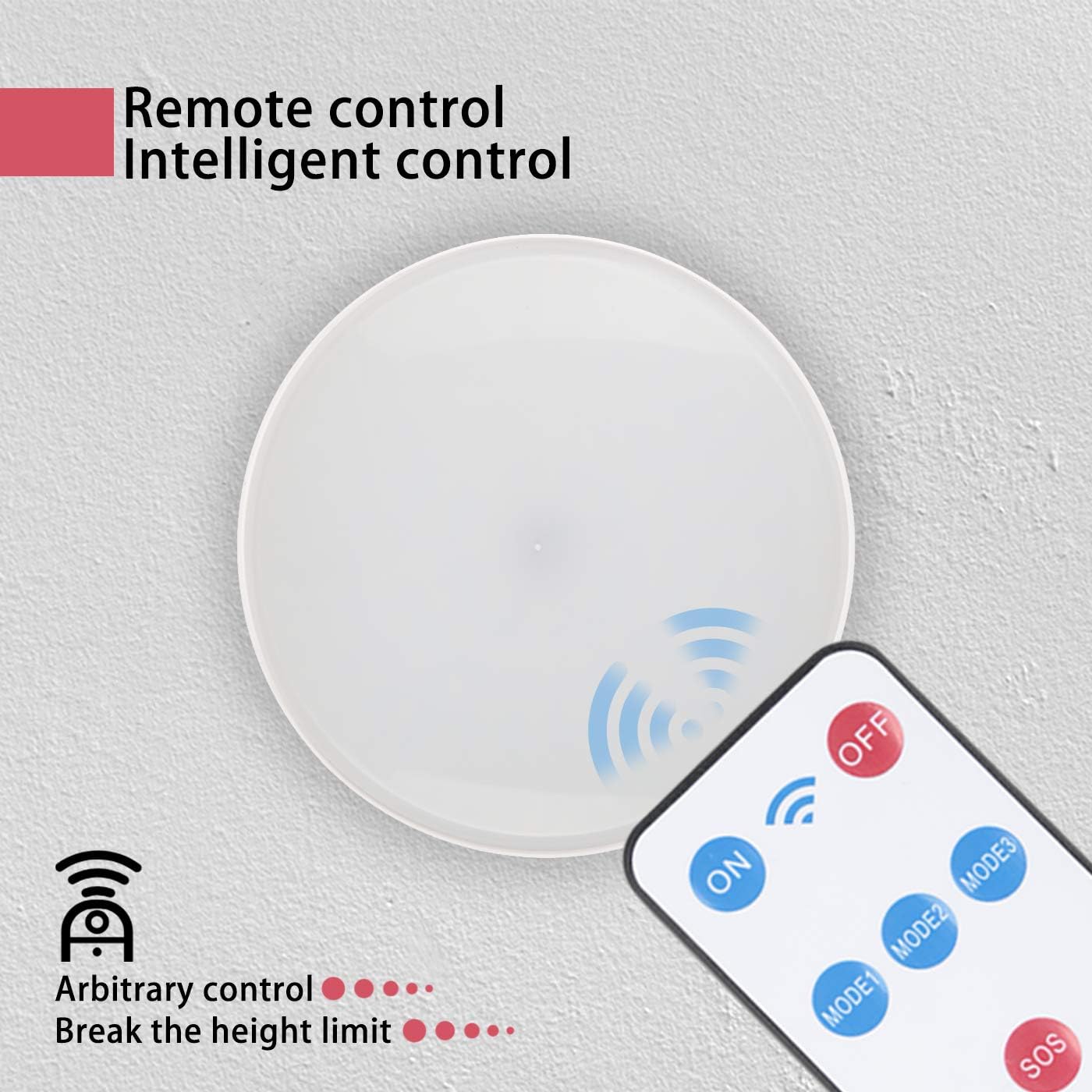 Round sensor device with remote control on a light gray background