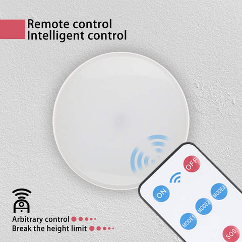 Round sensor device with remote control on a light gray background