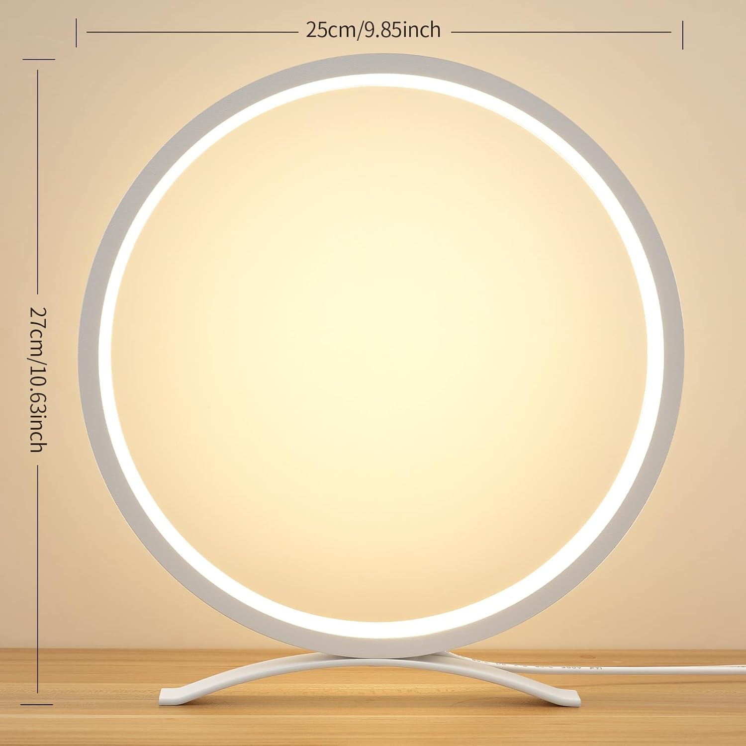Round table lamp with dimensions on a wooden surface