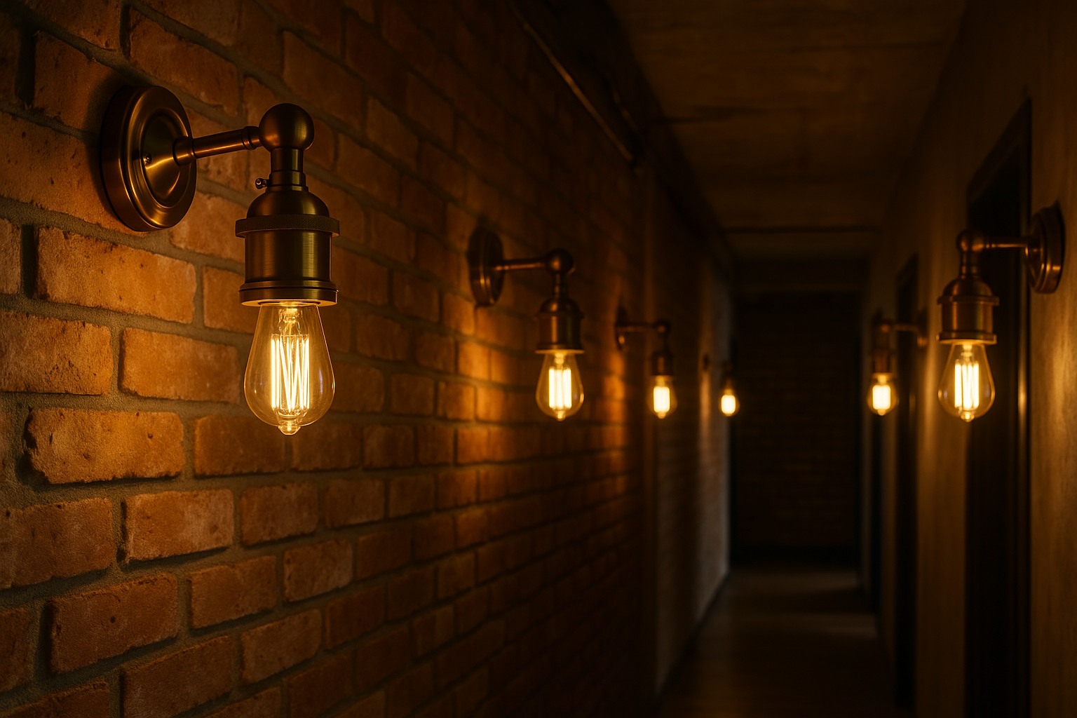 Row of wall-mounted light fixtures with glowing bulbs on a brick wall.
